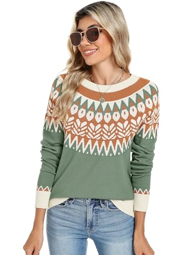 LOMON Womens Casual Lightweight Vintage Fair Isle Sweater Raglan Sleeve Crew Neck Knitted Pullover Comfy Warm Fall Tops3