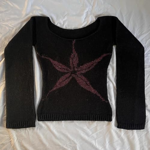 Image of Women Off Shoulder Knit Crop Tops Long Sleeve Floral Printed Fairycore Crochet Jumper Pullover Knitwear A Black