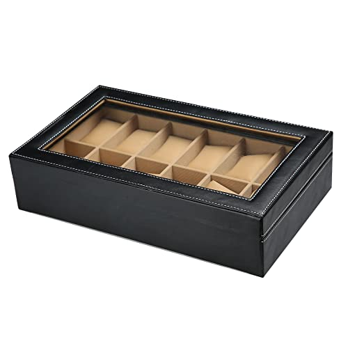 Image of ZENWOOD Black and Beige Unisex 12 Slots Watch Box Organizer PU Leather Watches Display Case Storage Box