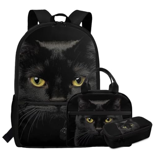 Black Cat Backpack for School Boys Kids Bookbag and Lunch Box Set Boys 3PCS 17inch Lightweight Schoolbags Travel Rucksack Elementary Primary Student School Backpack Set2