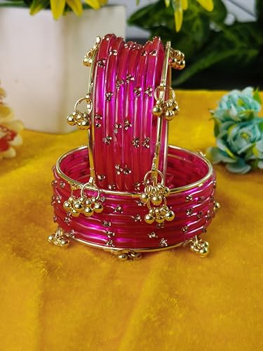 Image of NMII Viral Multi Colour Glass Bangles with Golden Ghungroo Charms & Stone Work For Women & Girls | Fancy Designer Glass Bangle | Traditional Chudi | Kanch Ki Churi | Stylish Ghungroo Bangle For Women