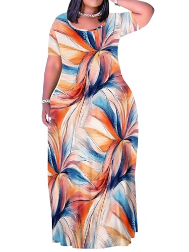 Image of PinkPatty Plus Size Dress for Women Casual Crew Neck Short Sleeve Maxi Dress Oversized Summer Beach Dresses with Pockets