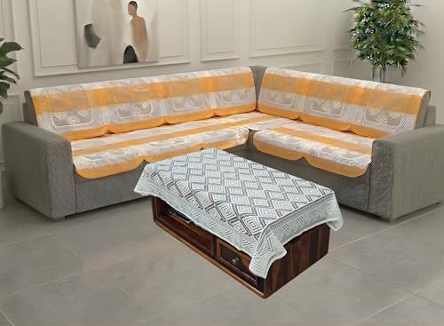 Image of Fab Nation Sofa Cover L Shape 6 Seater with Corner L Type Fully Covered Sofa Set for Living Room | Cotton Sofa Slipcovers for 3 + 3 Seaters Cover with 1 Table Cover | Yellow