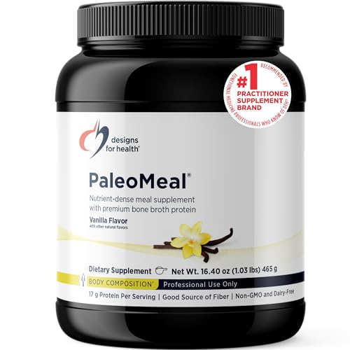Designs for Health PaleoMeal - Bone Broth Protein Powder with 17g Protein, Meal Replacement Shake Dietary Supplement with Active Folate + Chelated Minerals, Vanilla (15 Servings / 480g)