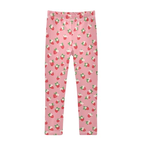 Girls' Athletic Leggings Ankle Length Yoga Dance Pants Kids Teen 4T White Strawberry Flower