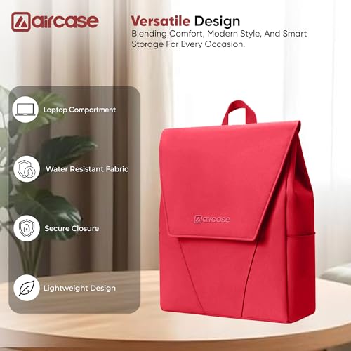 Image of AirCase Canvas Laptop Backpack for Women with Multiple Pockets, Padded Straps, 13L Capacity, Lightweight, Water-Resistant Bag for Travel, College, Office Use, Supports Laptops Up to 14.1 Inch (Red)
