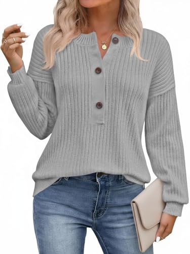 Image of Saodimallsu Womens Henley Sweater Tops Fall Button Crew Neck Long Sleeve Trendy Loose Ribbed Knit Pullover Sweaters