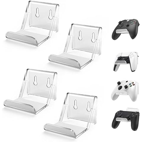6amLifestyle 4 Pack Controller Holder Stand with Anti-Slip Pads for PS5 PS4 Xbox One Switch Pro Gamepad Controller Wall Mount Adhesive/Screws, Universal Hanger Hook Accessories, Acrylic Clear Cover
