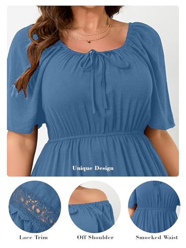 Image of RWJ Women's Plus Size Maxi Dress Short Sleeve Square Neck Flowy A-Line Lace Trim Flutter Party Casual Off Shoulder Dresses