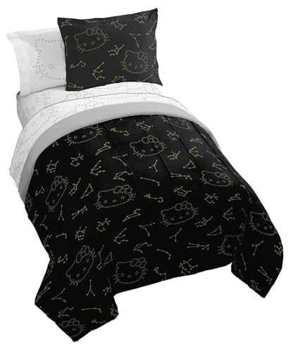 Jay Franco Hello Kitty Stars Twin Comforter Set - 5 Piece Bedding Includes Sheet Set & Pillow Covers - Super Soft Zodiac Black & Gold Bedding