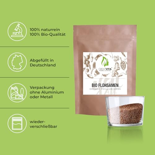 GreatVita Bio Flohsamen 1000g | 99% reine ganze Flohsamen - zertifizierte Bio-Qualität aus Indien | reich an Ballaststoffen & glutenfrei, vegan - ideal für eine gesunde Ernährung