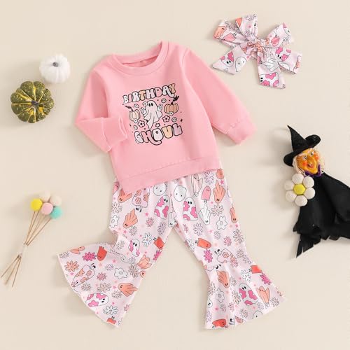 Kayotuas Toddler Baby Girl Halloween Outfit Pumpkin Ghost Sweatshirt Top and Bell Bottom Flare Pants Cute Fall Clothes Set3