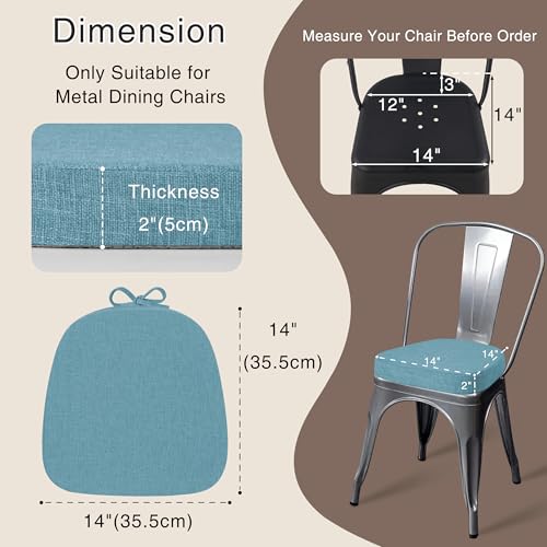 Image of OVOV 14x14 Chair Cushions for Metal Dining Chairs Set of 2 Light Blue | Non Slip, Washable Removable Cover with Ties, Textured, for Dining Room, Kitchen Cafes Bistro Patio, Stackable Chairs