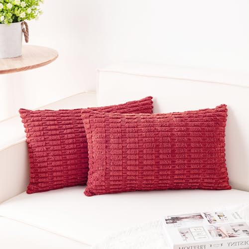 Image of Pack of 2 Corduroy Decorative Throw Pillow Covers 12x20 Inch, Cranberry Red | Fall Soft Striped Pillow Covers Modern Farmhouse Home Decor Christmas Throw Pillow Covers for Sofa Living Room Couch Bed