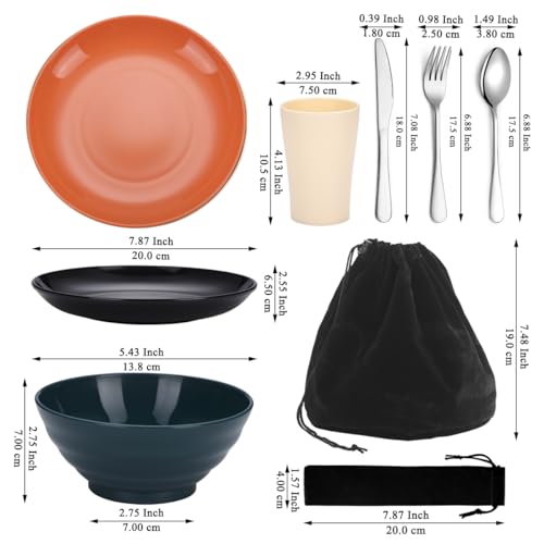 Kyraton Camping Besteck Set, wiederverwendbarer Leichter Becher, Schalen, Teller und Edelstahlbesteck mit schwarzer Tasche, spülmaschinenfest