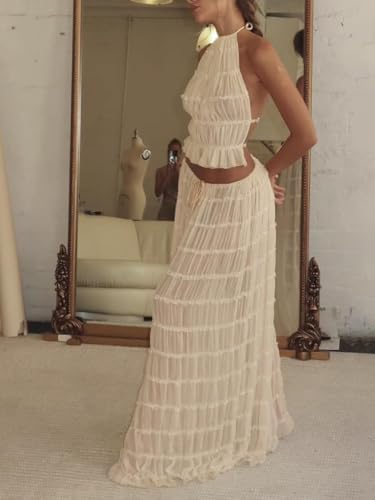 Summer Women's Y2k Maxi Skirt Lace Elastic Waist Pleated Flowy Long Skirt Beach Holiday Cocktail Club Dress3