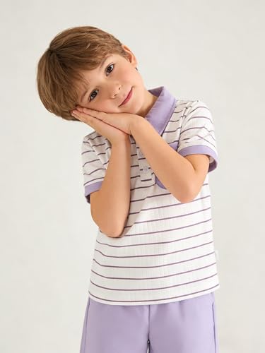 Image of Toddler Kid Boy Clothes Textured Striped Polo Collar Top Summer Shorts 2PC Summer Outfit Set