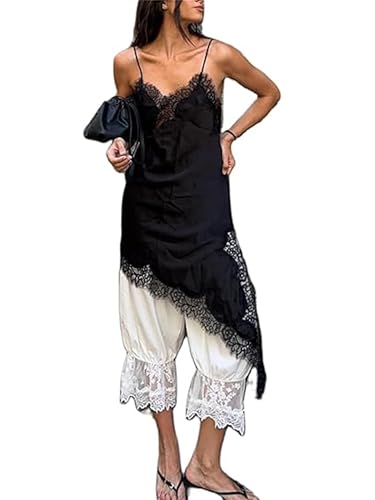 Damen Y2k Spitzenbesatz Tank Crop Tops Ausgehen Spaghettiträger Seide Unregelmäßiger Saum Camisole Party Beachwear, C-Schwarz 3, XL