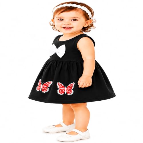 Image of Baby Girls Cotton Sleeveless Butterfly Print A-Line Frock Dress with Bow.