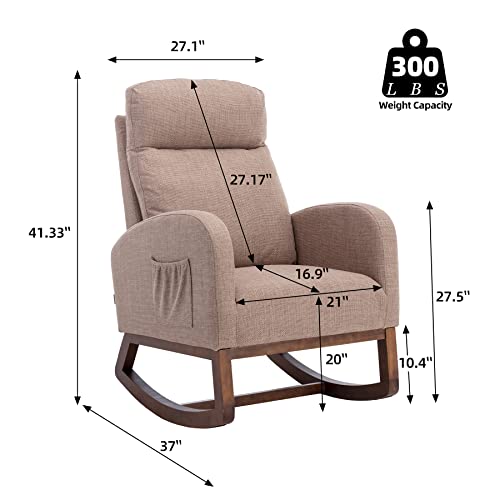 Dolonm Nursery Rocking Chair For Living Room, Upholstered Mid-Century Modern Nursery Rocking Armchair Tall Back Accent Glider Rocker, Camel #TOP2