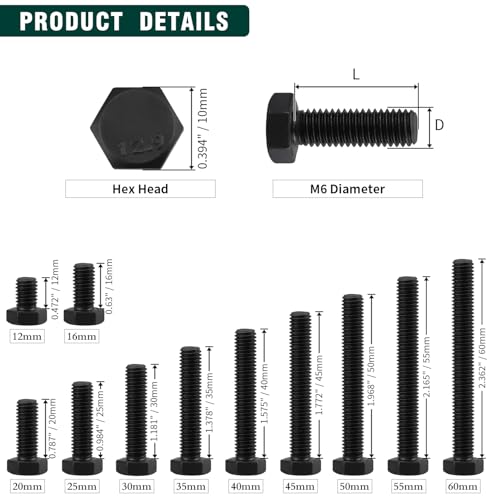Image of M6-1.0 x 16mm Hex Bolts, 12.9 Grade Alloy Steel, Black Oxide Finish, Full Thread, Coarse Thread UNC, Hexagon Head Bolts 25 PCS