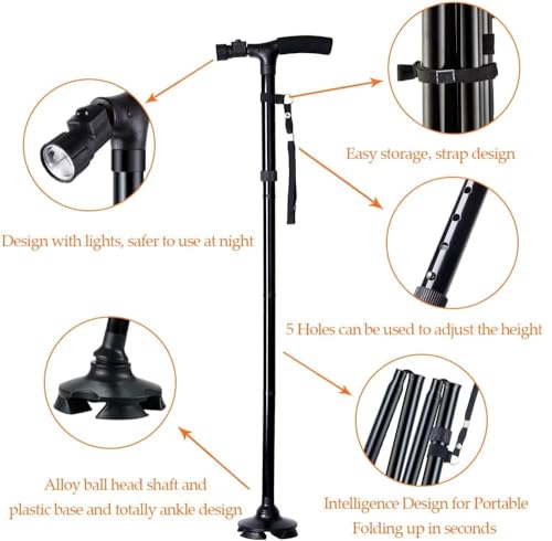 Image of RECLUSE Folding Cane with Led Light - Height Adjustable, Anti-Skid, Lightweight Portable Walking Stick with LED Light for Senior Citizens, Elderly, Patients & Handicapped and Hiking Camping