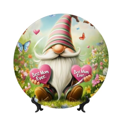 YZILDP Mother's Day Spring Gnomes Ceramic Plate with Stand,7 in,Farmhouse Decorative Plates for Wall Hanging Ceramic Craft for Kitchen Cabinets Dining Room Office Home Decor