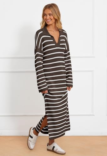 MEROKEETY Women's 2024 Long Sleeve Striped Sweater Dress V Neck Collared Slit Casual Knit Maxi Dresses3