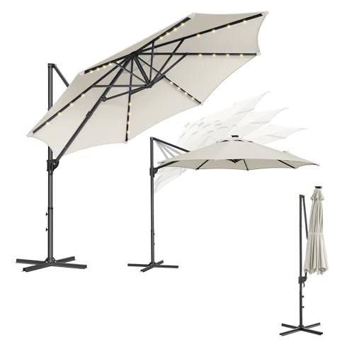 SONGMICS Parasol de Jardin 300 cm, 28 LED Solaires, UPF 50+, Parasol d Extérieur, Pivotant à 360°, Inclinaison Fluide, Manivelle, avec Base en Croix, Blanc...