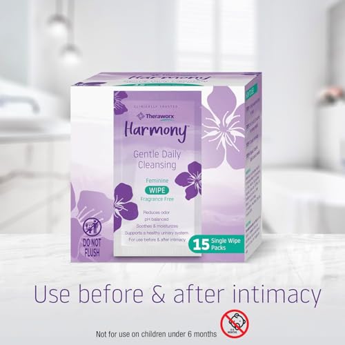 Image of Theraworx Harmony Gentle Daily Cleansing Feminine Wipes Fragrance Free, Reduces Odor, Individually Wrapped, Travel Size - 15 Count (Pack of 8)