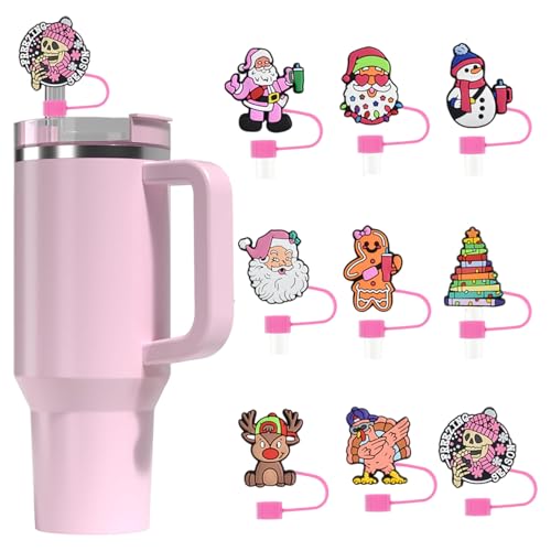8pcs Christmas Straw Cap - Xmas Pink Series PVC 10MM 0.4in Straw Cap Topper Cute Reindeer Gingerbread Man Skeleton Designs Straw Cap Drinking Cover for Christmas Decorations