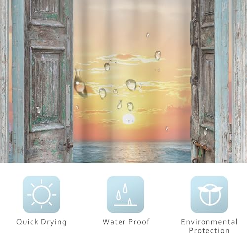 Image of Riyidecor RV Small Half Beach Shower Curtain 36Wx72H Inch Stall Narrow Seaside Ocean Barn Door Curtains Sea Scenery Rustic Single Bathroom Laundry Decor Fabric Polyester Waterproof 7 Pack Hooks