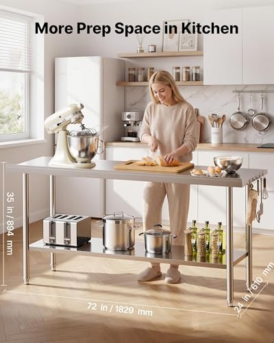 Image of VEVOR Stainless Steel Work Table, 24x72 Inch Food Prep Table with Backsplash, Commercial Kitchen Workstation with Adjustable Undershelf, Metal Heavy Duty Utility Worktable, for Restaurant Home Outdoor