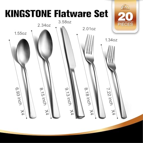KINGSTONE-1810-Stainless-Steel-Flatware-20-Piece-Forged-Silverware-Set-for-4-Mirror-Polished-Cutlery-Set-Dishwaher-Safe-for-Home-Restaurant-Wedding-Party