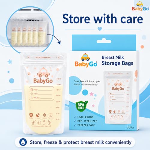 Image of BabyGo Breast Milk Storage Bags Pack of 30 | Leak Proof Zip Lock Bags 200ml