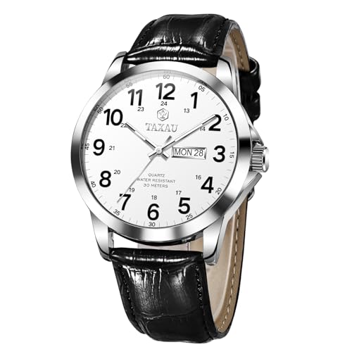 Men’s Dress Watches Waterproof Analog Leather Watch with Day Date Large Arabic Numerals Fashion Casual Classic Man Wrist Watch Brown/Black Band Easy Read Relojes para Hombres