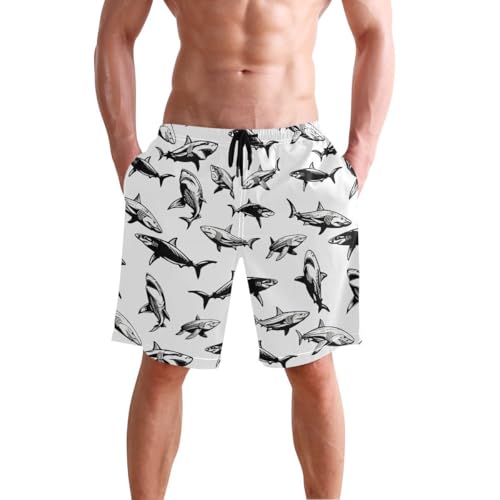 Fish Shark Black and White Mens Swim Trunks Quick Dry Beach Shorts with Pocket S 2302857