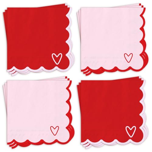 FYSUIMU 100Pcs Valentine's Day Cocktail Napkins Disposable Napkin 3Ply Scalloped Pink Red Love Heart Beverage Napkin for Wedding Anniversary Valentine Party Supplies