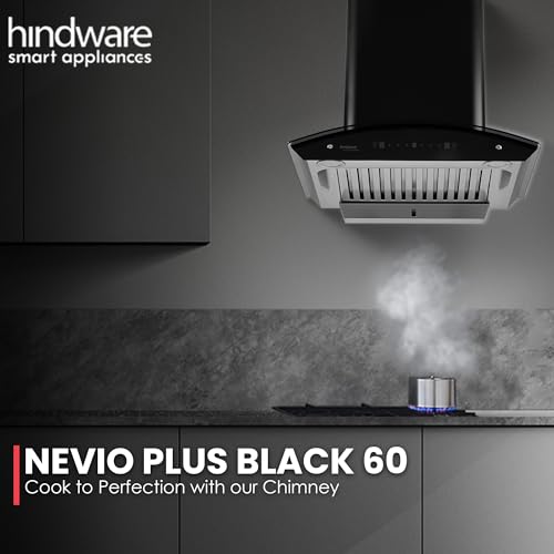 Image of Hindware Smart Appliances | Nevio Plus Blk 60cm 1400 m /hr* SS Baffle Filter Wall Mounted Chimney for Kitchen With Classic Look, Touch Control and Auto Clean Technology (Black)