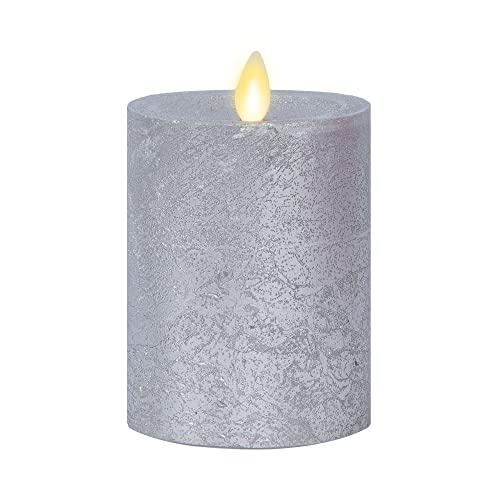 Image of Luminara Realistic Artificial Flame Frosted Silver Metallic Glitter Candle (3 x 4.5-inch) Moving Flame LED Battery Operated Lights - Unscented - Remote Sold Separately