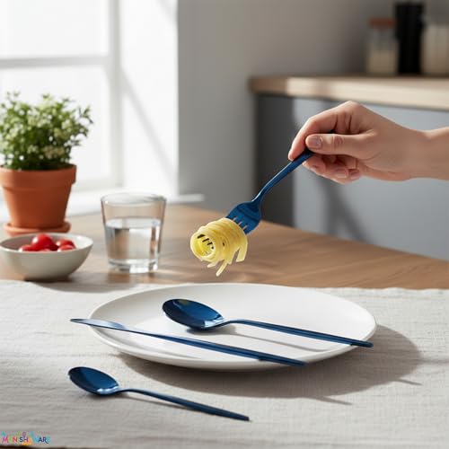 Image of Slim Handle Blue 24 Pcs Stainless Steel Cutlery Set for Dining Table, Dishwasher Safe Glossy Flatware (6 Spoon Set+6 Forks Set+6 Butter Knife+6 Dessert Spoon)