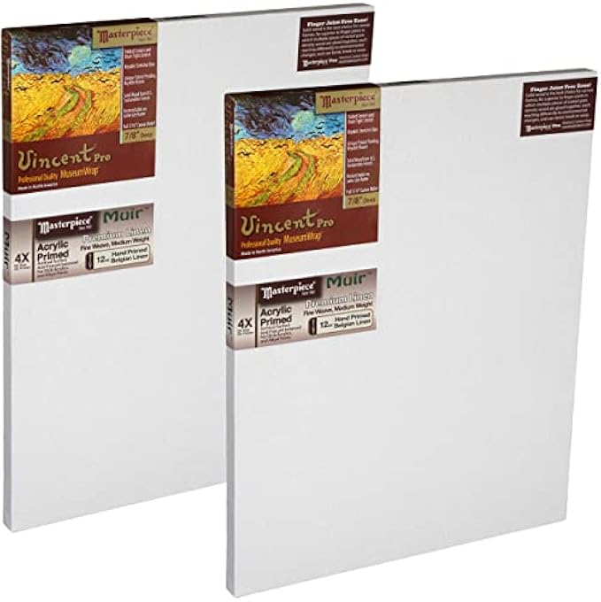 MASTERPIECE Z2VA-2424 Vincent Pro 7/8" Deep Muir Belgian Linen 12.0 oz Acrylic Primed Stretched Canvas 24" x 24" White 2 Pack