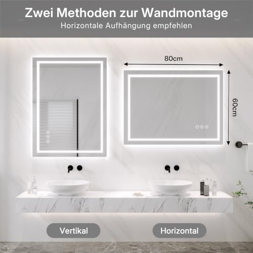 Dripex LED Badspiegel 60 x 80 cm, 3 Lichtfarben, Antibeschlag fürs Bad – Ansicht 5