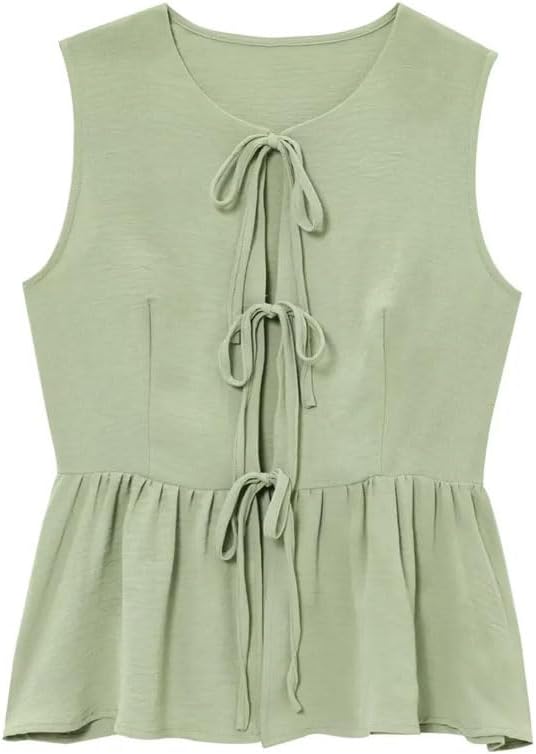 Women's Solid Color Casual V-Neck Lace-Up Hollow Sleeveless Top Long Sleeve Two-Piece Suit