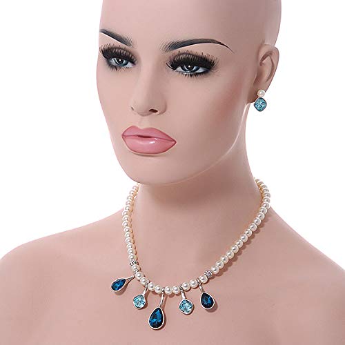 Collar de perlas de imitación blancas cristales azules pendientes tuerca plateados 2