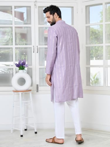 Image of See Designs Men's Full Sleeve Mandarin Collar Sequins Embroidered Straight Long Kurta - Festive Collection