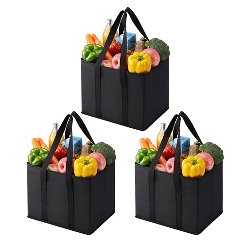 VENO-3-Pack-Reusable-Grocery-Bags-Shopping-Bags-for-groceries-Utility-Tote-with-Handles-and-Hard-Bottom-Foldable-Shopping-Cart-Organizer-Multi-Purpose-Heavy-Duty-Black-6-Gallon-3-Pack