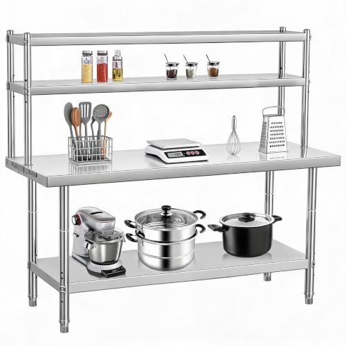 Image of Commercial Stainless Steel Prep Table with Adjustable Shelves and Side Hooks, 39 inch X 24 inch Heavy Duty Workstation for Restaurant, Kitchen, or Workshop (48 inchX24 inch)