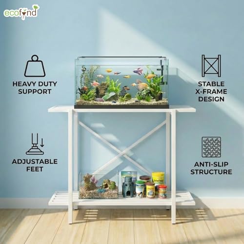 Image of ecofynd 2-Tier Fish Tank Stand, Double-Layer Aquarium Stand with Adjustable Table Feet, Heavy Metal Storage Rack Suitable for Home and Office, (White, FS-PS049)