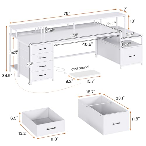 Image of SEDETA White Computer Desk with 5 Drawer & Power Outlet, 75'' Home Office Desk with File Drawer, Storage Shelves, Printer Cabinet and Monitor Shelf, Gaming Desk with Led Lights, 23.6 inch W Desktop